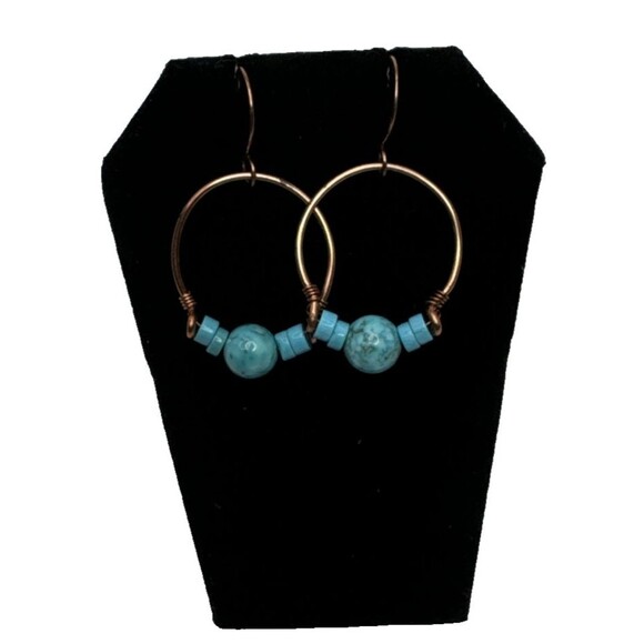 Copper And Turquoise Gemstone Half Hoop Earrings Handcrafted Made In USA Boho - Picture 1 of 7